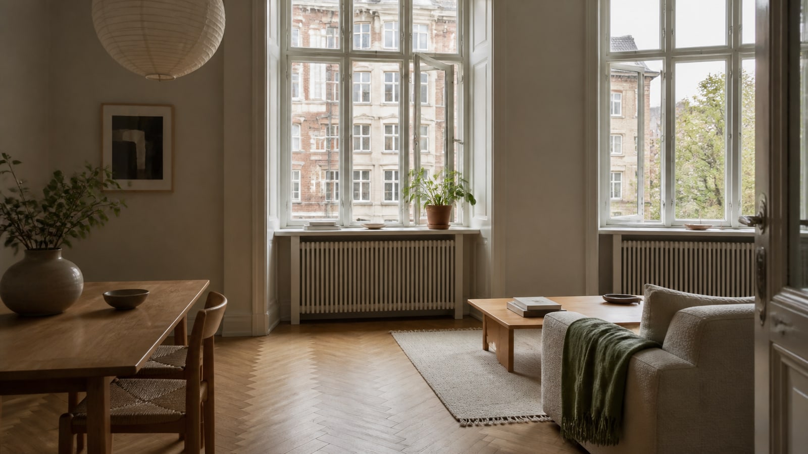 Bright living room with herringbone parquet and tall street-facing windows